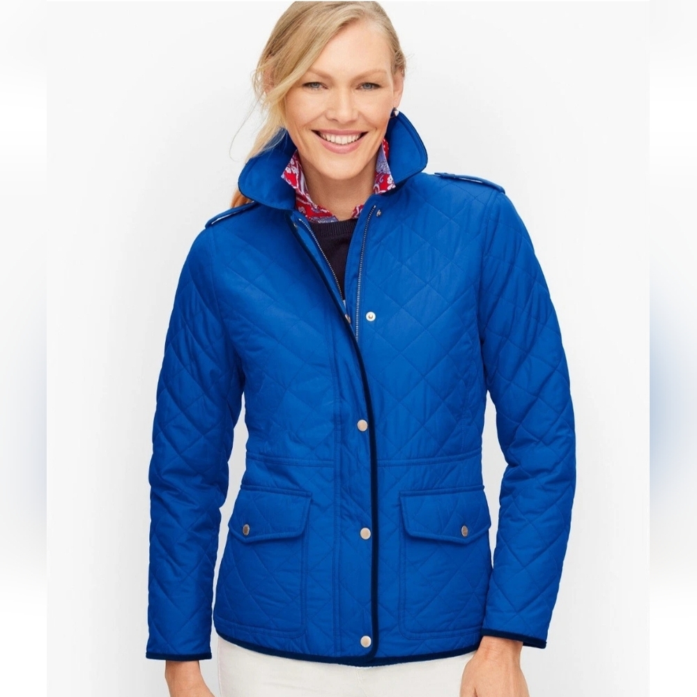 Talbots Quilted Barn Jacket Women's Size Small Chore Coat Snap Buttons Zip Blue